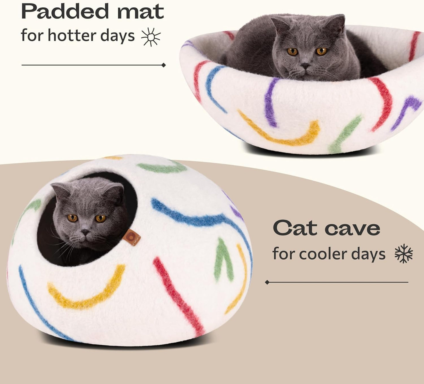 MEOWFIA Cat Cave – Premium Felt Cat Bed for Indoor Cats, Handmade 100% Merino Wool (Medium, Ivory Rainbow) - Pet Explorer