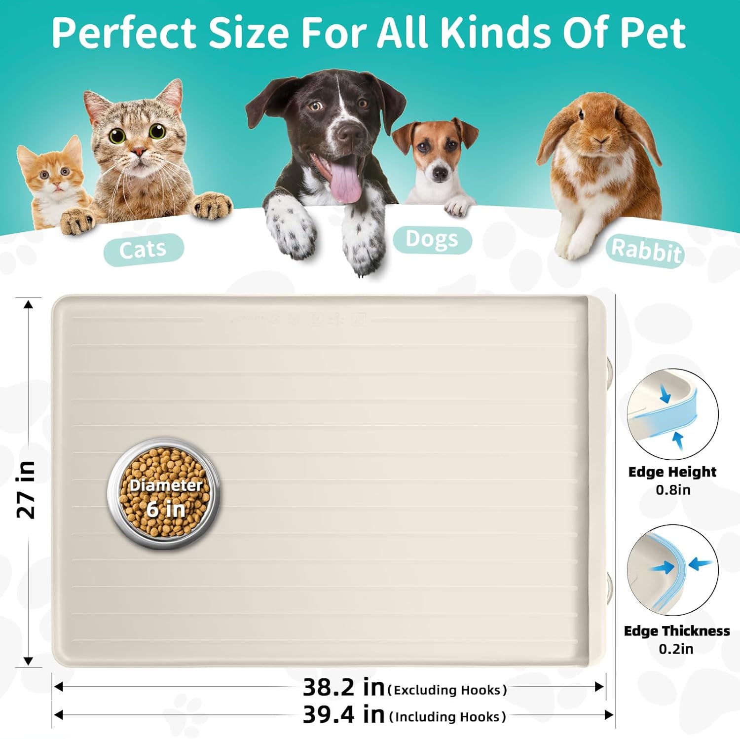 Dog Mat for Food and Water - 39.4" x 27" Large Pet Feeding Mats with Residue Collection Pocket - Waterproof Dog Cat Bowl Mat with High Edges to Prevent Water and Food Spills (Cream) - Pet Explorer