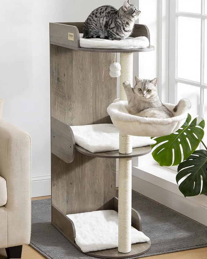 Modern Wood Cat Tree Tower for Indoor Large Cats, Cat Scratching Posts with Big Perch Bed, 44.8" Tall Multi-Level Wooden Cat Condo with Hammock, Removable Pads, Kitty Furniture, Greigy