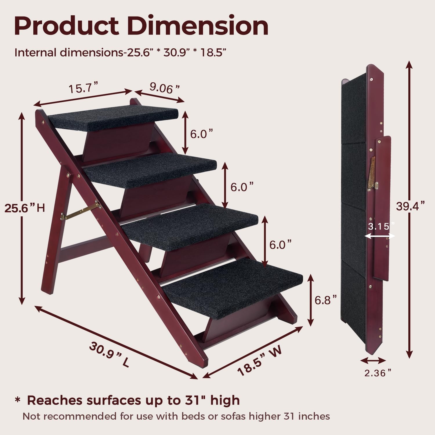 BRIKY Wooden Dog Stairs/Steps - Foldable 4 Steps Dog Steps for High Bed Couch Cars, Non-Slip Pet Stairs for Small Large Medium Dogs and Cats, No Assembly Required - Pet Explorer
