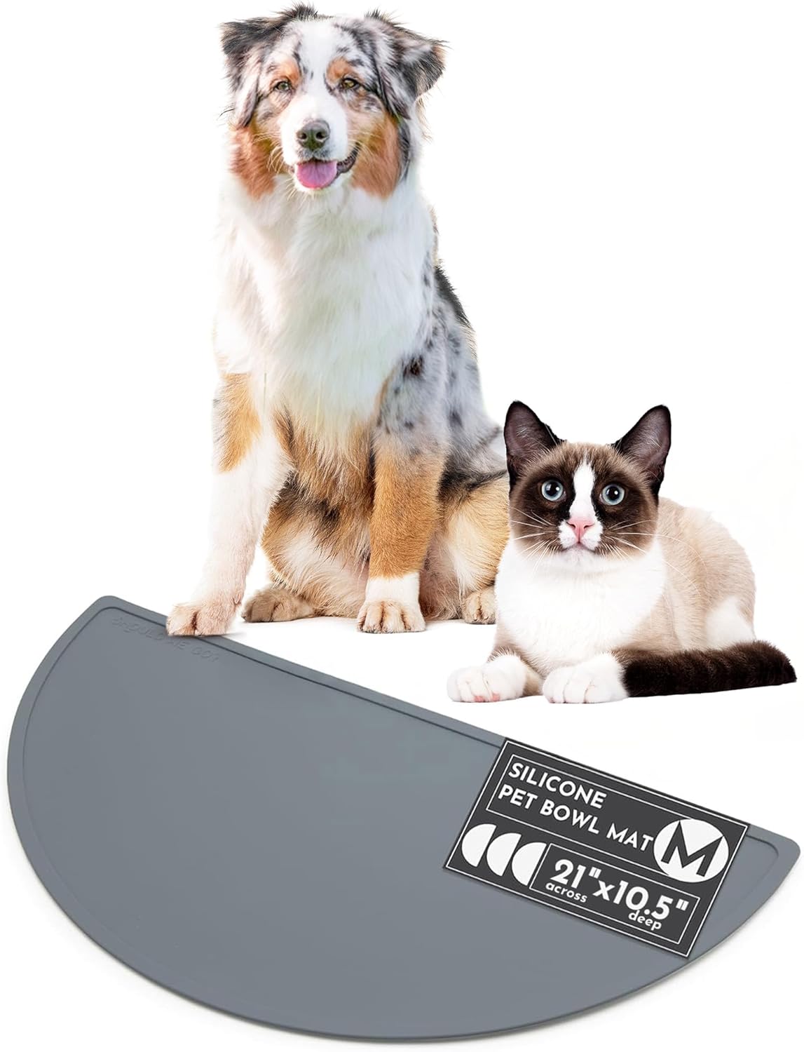Waterproof Silicone Pet Food Mat - Non-Slip, Spill-Proof Feeding Mats for Floors, Raised Edge Design, Easy-to-Clean Mat for Dog & Cat Bowls, 21" Across x 10.5" Deep, Medium-Charcoal - Pet Explorer