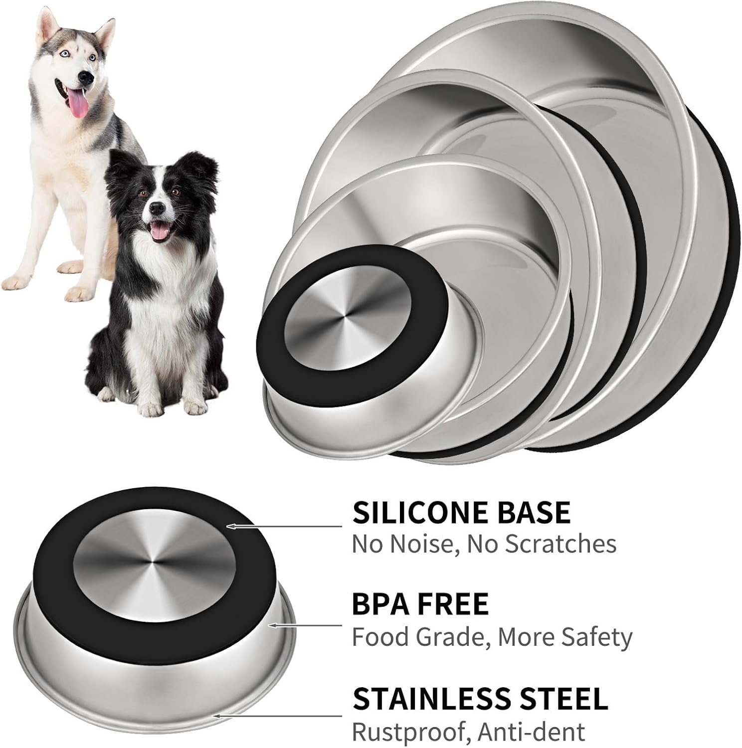 Taglory 8 Cup Stainless Steel Dog Bowls Set of 2 for Food and Water, Silicone Base Anti-Slip, Rust Resistant, Extra Thick Metal Bowls for Medium Dogs, 59oz, Black - Pet Explorer