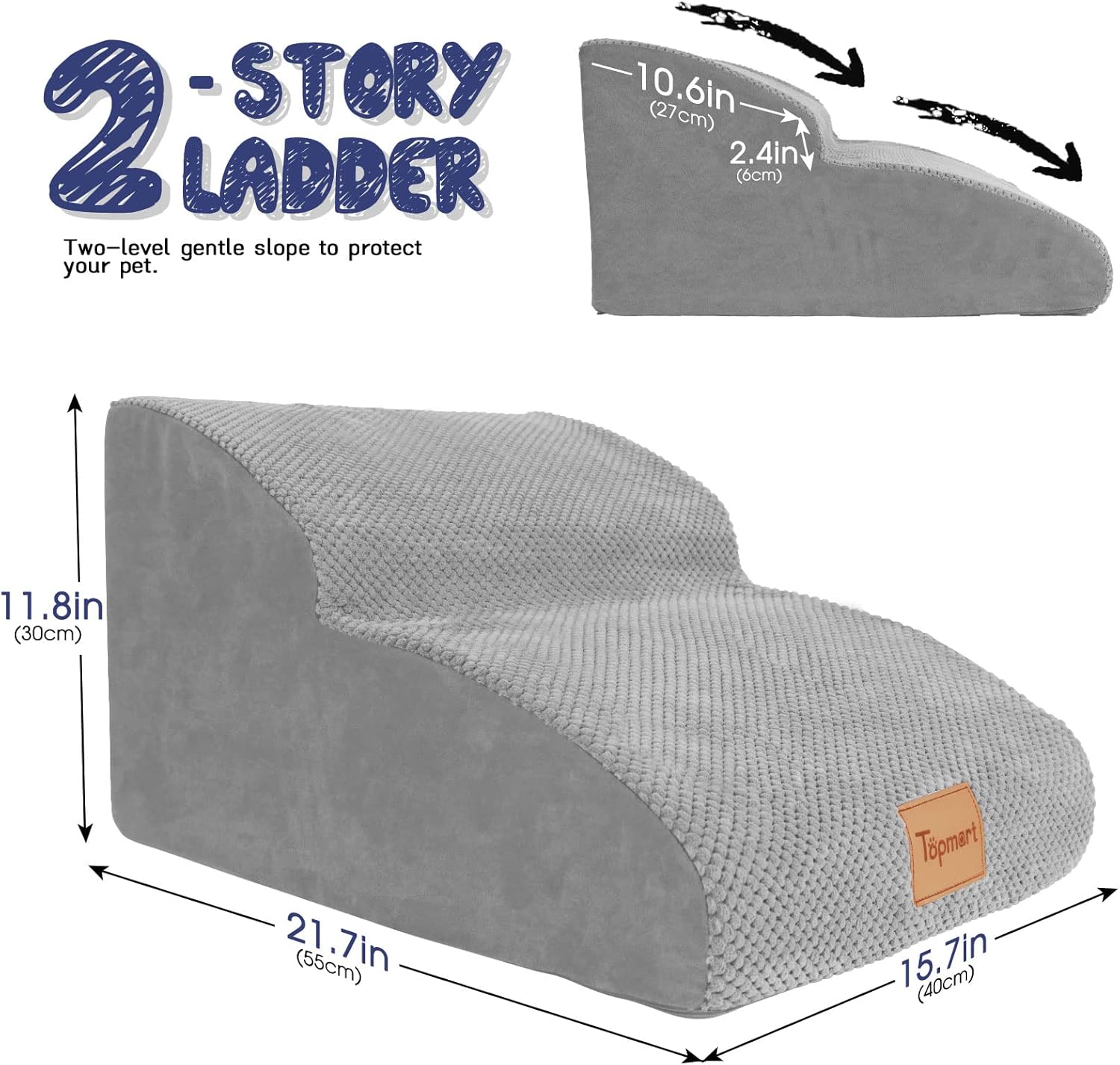 Topmart High Density Extended Foam Dog Ramp&Steps 2 Tiers,11.8" High,Non-Slip Dog Stairs,Soft Foam Pet Ladder with Waterproof Cover,Best for Injured,Older Cats,Pets with Joint Pain - Pet Explorer