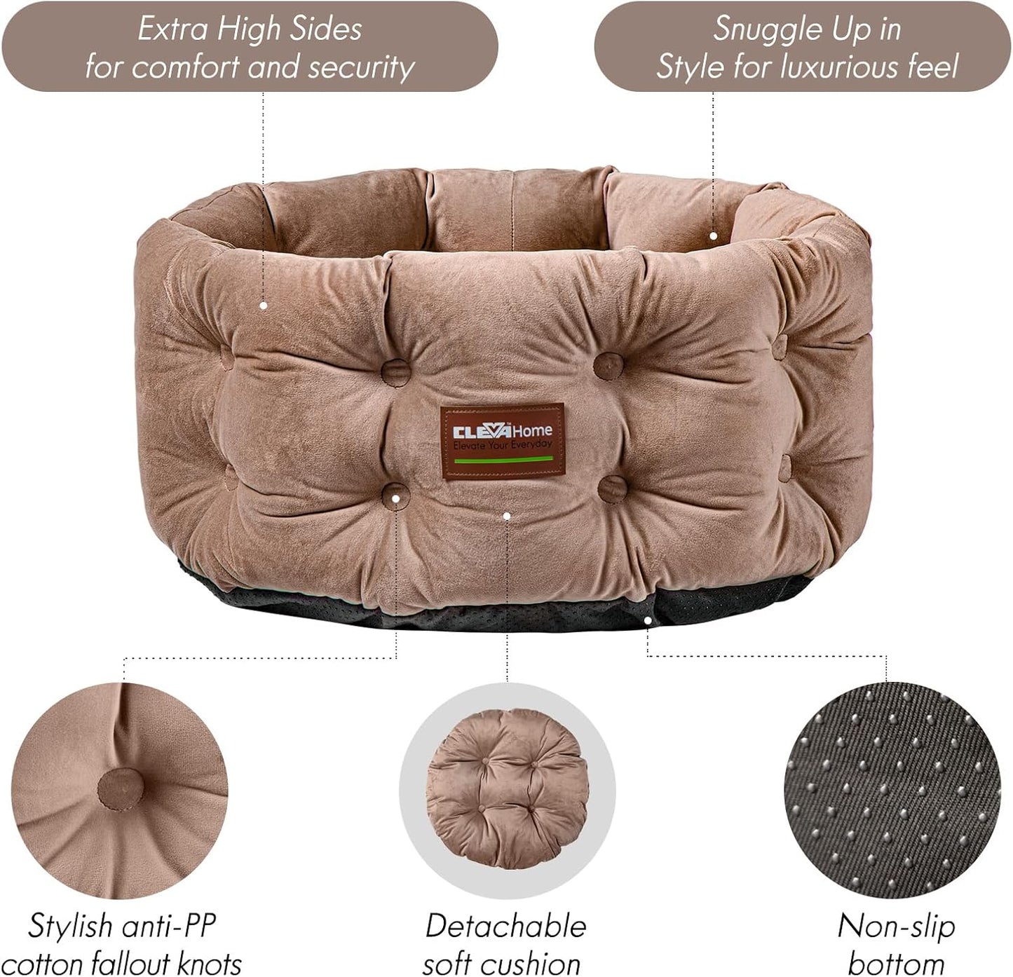 ClevaHome Deep Nest Cat Bed for Small Pets up to 15lbs - Round Cat Beds for Indoor Cats, Luxurious Velvet Feel, Extra High Sides, Machine Washable Comfort Pet Bed with Non-Slip Bottom (Warm Beige) - Pet Explorer