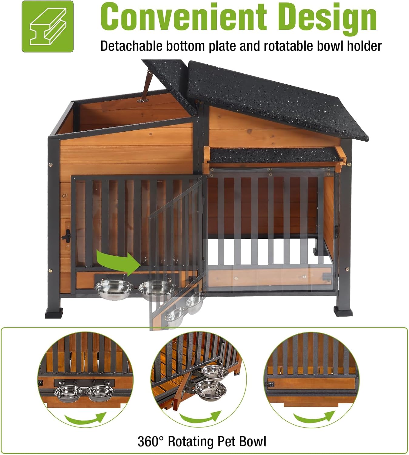 GUTINNEEN Dog House Outdoor Dog Kennel with Chew-Proof Metal Frame, Rotating Food Bowl, PVC Door Curtain, Weatherproof for Small Medium Dogs, 39.7" L x 25.5" W x 32.2" H (Dark Brown) - Pet Explorer