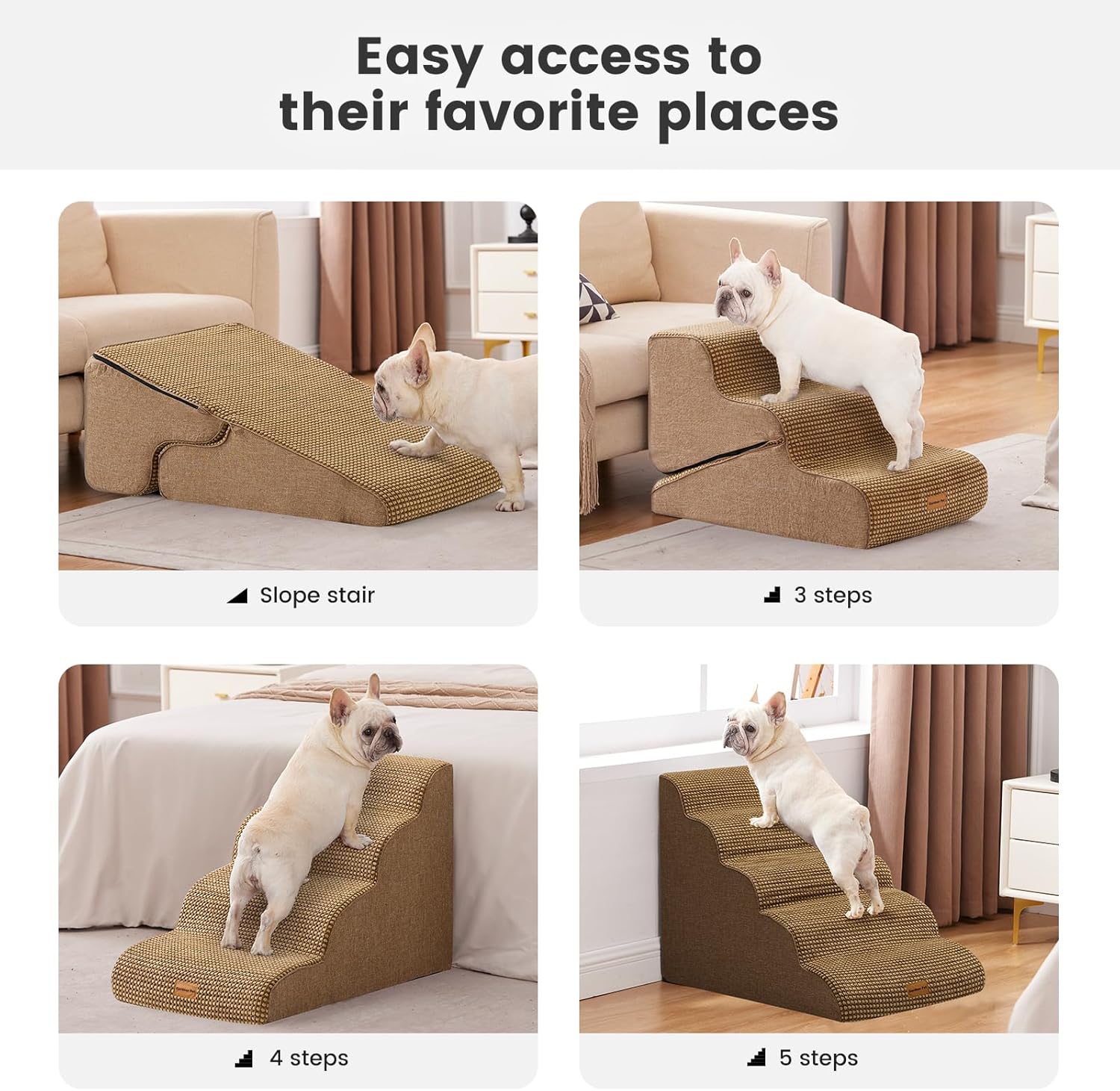 Gardner Pet Dog Stairs for Small Dogs 19.7" H, 4-Step Brown Curved Pet Stairs, Dog Steps for High Bed (18-24 in), Couch with Durable Non-Slip Waterproof Fabric Cover and CertiPUR-US Certified Foam - Pet Explorer