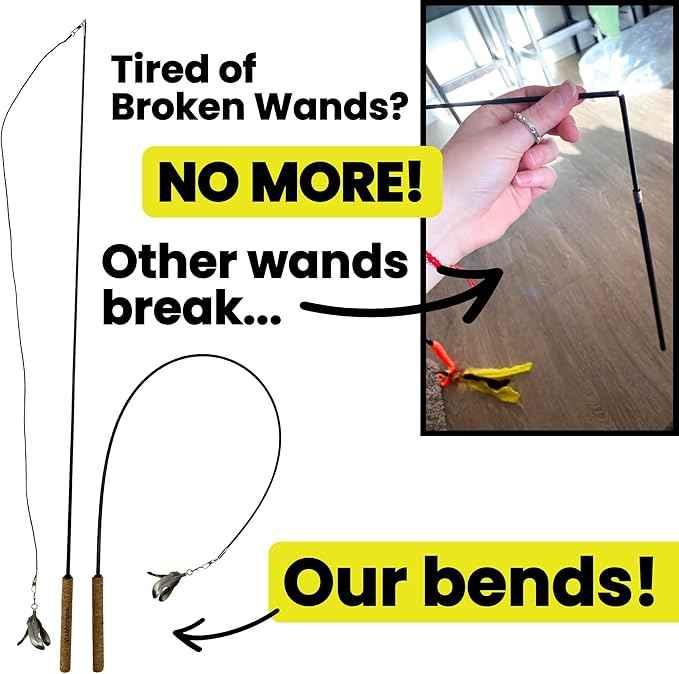 Forever Stick and 3 Strings including Chew Proof Metal Wire - The Unbreakable Cat Wand Toy, Durable Cat Toy Wand, Extra Long Cat String Toy, Cat Fishing Pole Toy for Bored Indoor Adult Cats, Stick Toy