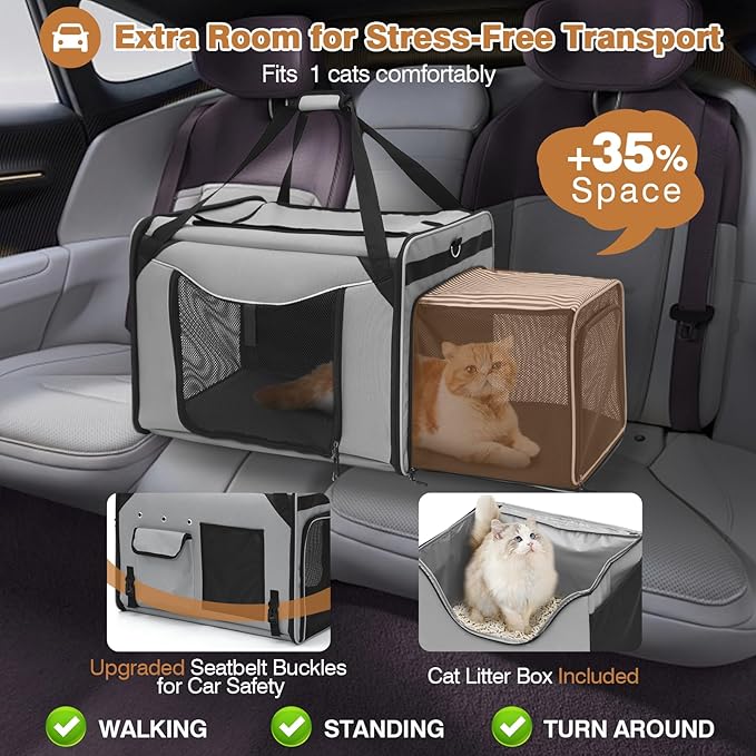 Large Cat Carrier for 2 Cats, 24"x16"x17" Soft Cat Travel Carrier with Litter Box, Expandable Cat Carrier for Car Travel Long Distance, Up to 55 lbs