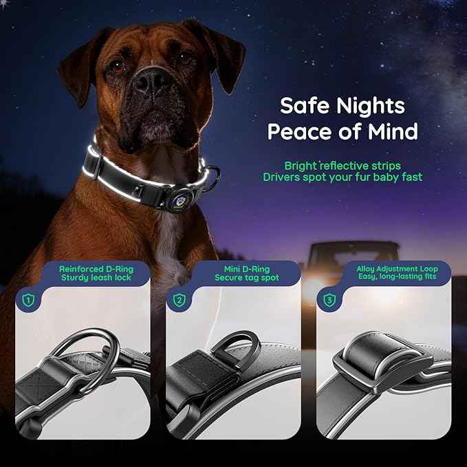 WhoseID Premium Leather Dog Collar for Large Dogs - IPX8 Waterproof AirTag Dog Collar | Magnetic Buckle Heavy Duty Collar | 450LB Escape-Proof | Reflective Dog Collar with AirTag Holder
