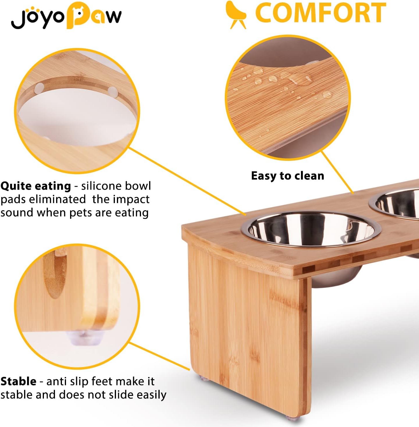 Elevated Dog Bowls, Bamboo Raised Dog Bowl for Medium Dogs, with 2 Stainless Steel Bowls (7'' Tall-30 oz Bowl) - Pet Explorer