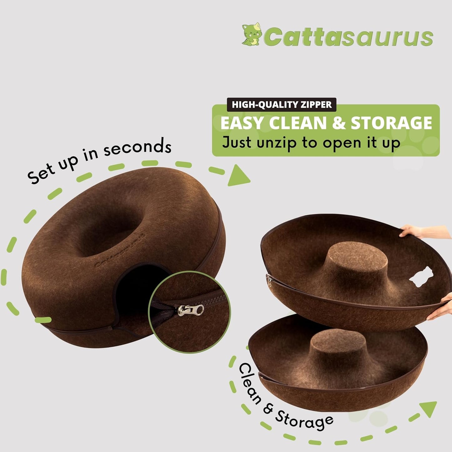 Cattasaurus Peekaboo Cat Cave for Multiple & Large Cats Up to 30-45 Lbs, Scratch Detachable & Washable Tunnel Bed, Comfy Donut Cat Cave (Brown, Jumbo) - Pet Explorer