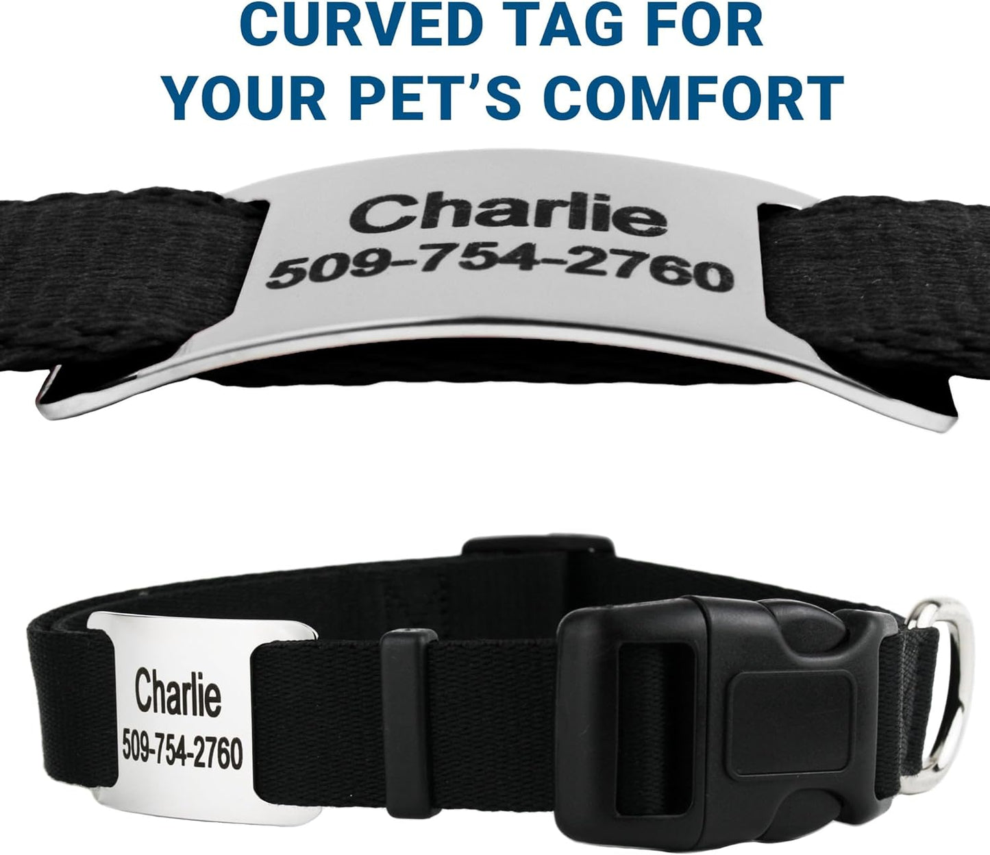 GoTags Personalized Dog Collar with Nameplate, Adjustable Dog Collar with Custom Engraved Slide On Pet ID Tag in Stainless Steel, Silent, No Noise Dog Tag (Charcoal, Large)
