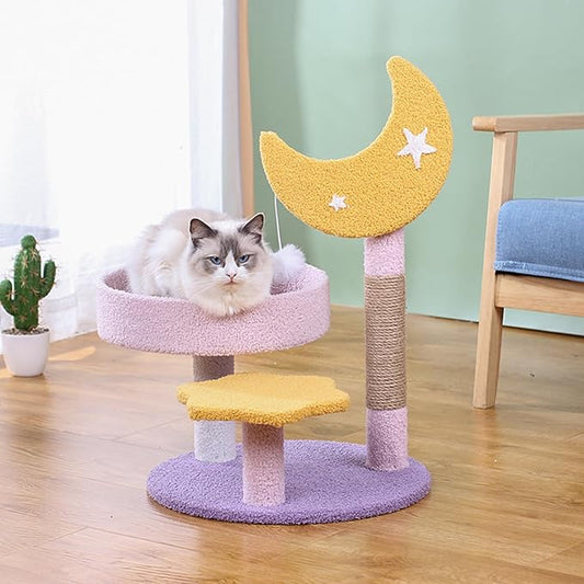 Small Cat Tree, Moon Star Cat Tree Built-in Scratching Post and Bed, 23.5 in Purple Pink Cute Kitten Tower Cozy Fluffy Kitten Condo for Indoor Activity
