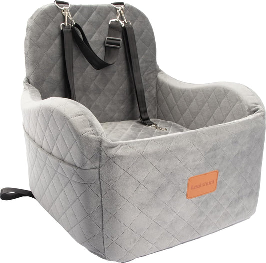 Dog Booster Car Seat for Small/Medium Dogs Up to 35lbs,Ultra Soft Fabric Covered,6in Elevated Cushion,Fully Detachable and Washable,3 Straps & 2 Pockets,Easy to Install(Grey,Medium) - Pet Explorer