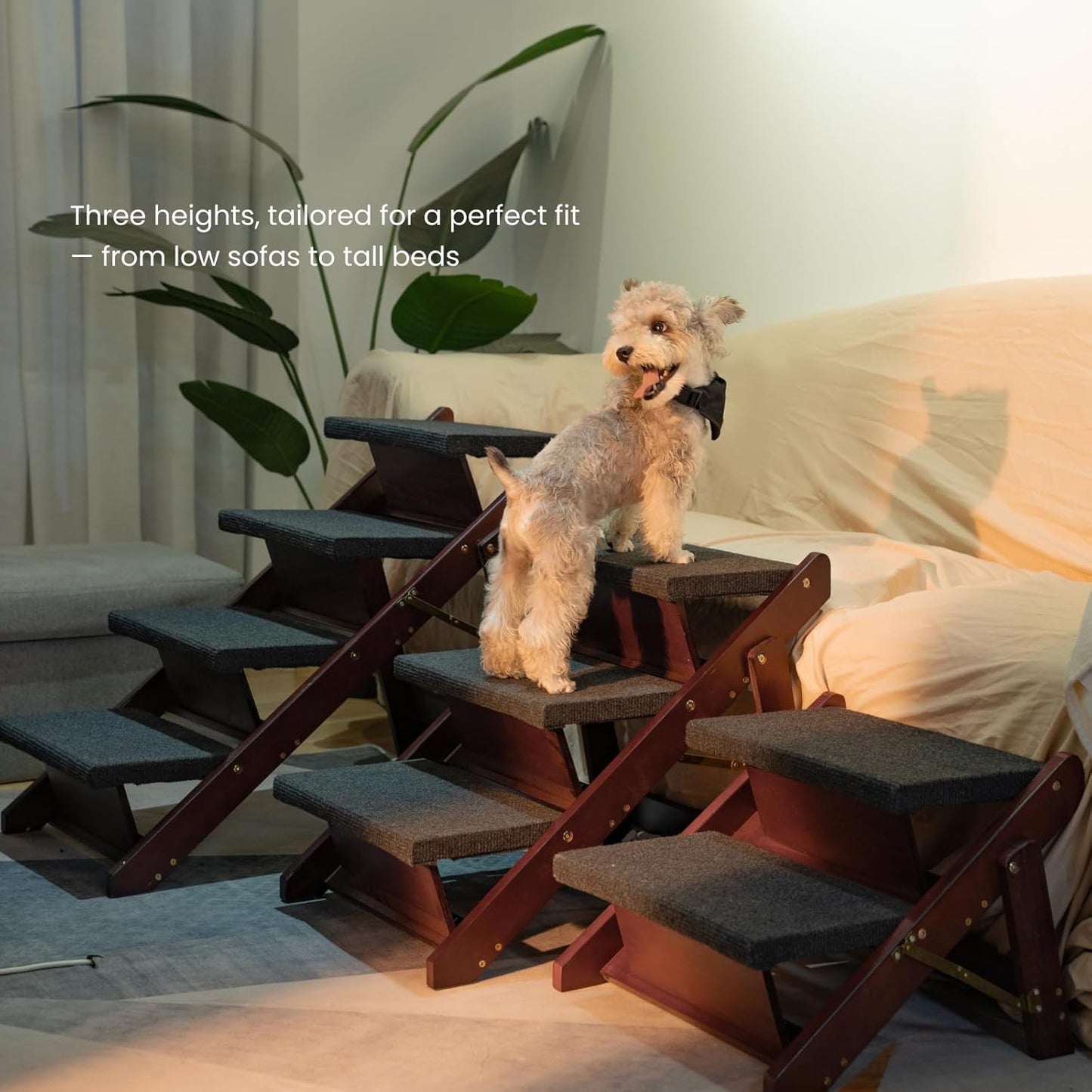 MEWANG Wooden Pet Stairs/Pet Steps - 3-in-1 Foldable Stairs & Ramp for Tall Beds and Cars - Portable Dog/Cat Ladder Up to 220 Pounds - for Small and Older Animals(Brown) (31.5" L x 17.2" W x 25.0" H) - Pet Explorer