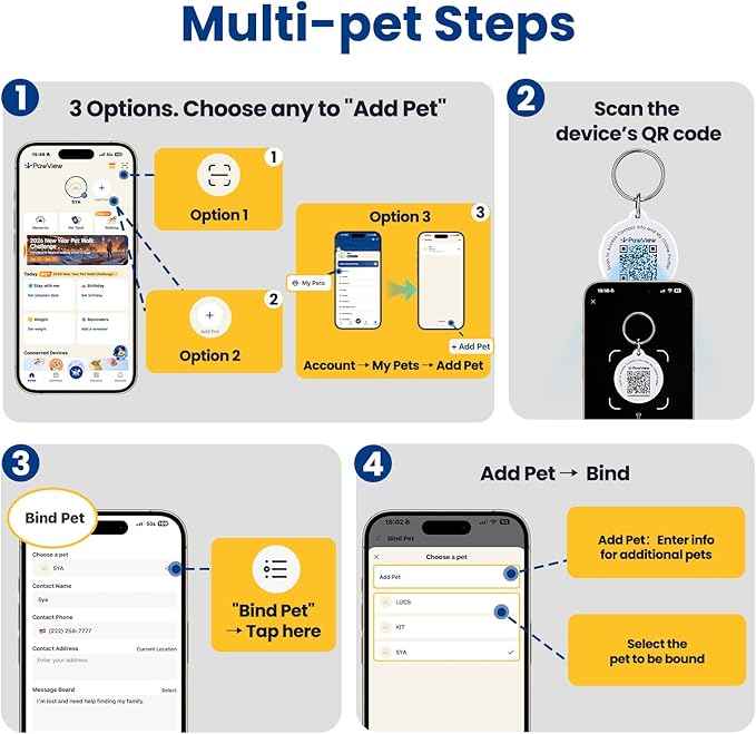 Smart Pet Tracker for Collar - Dog Trackers Location for Pet with Holder, No Monthly Fee, Real-Time Tracking, iOS Only, Emergency Contact, Long-Lasting, Anti-Lost Tracker for Cats, Bag Straps