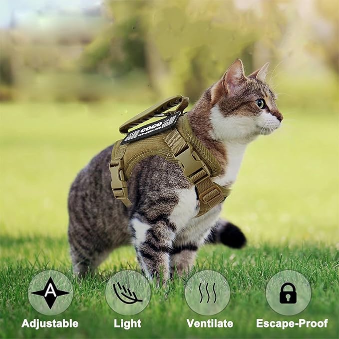 Tactical Cat Harness Escape Proof for Walking with Personalized Patches - Adjustable Cat Harness 8-20lbs Escape Proof - Soft Vest for Large Kitty with Optional Leash (Green)