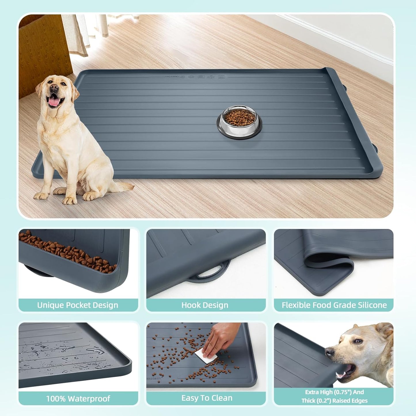 Dog Mat for Food and Water - 39.4" x 27" Large Pet Feeding Mats with Residue Collection Pocket - Waterproof Dog Cat Bowl Mat with High Edges to Prevent Water and Food Spills (Dark Grey) - Pet Explorer