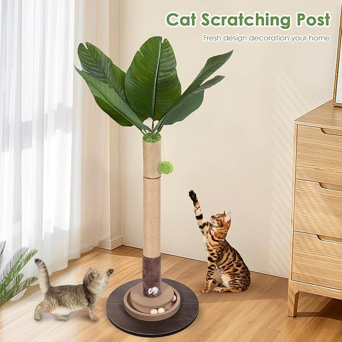 Cat Scratching Post, 35 Inch Tall Cat Scratcher Cat Tree Tower with Hanging Ball for Indoor Cats Adults,Bird of Paradise Plant Sisal Rope Kitten Scratch with Interactive Mouse Cat Toy