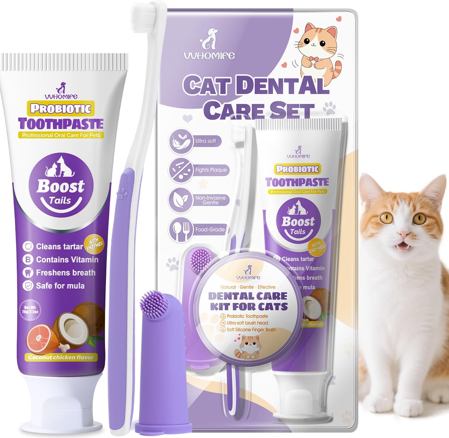 Cat Toothbrush and Toothpaste Kit - Includes Toothpaste (Coconut Chicken 2.5 oz.) Soft Brush, Finger Brush - Provides Safe and Effective Oral Care for Kittens and Adult Cats - Pet Explorer