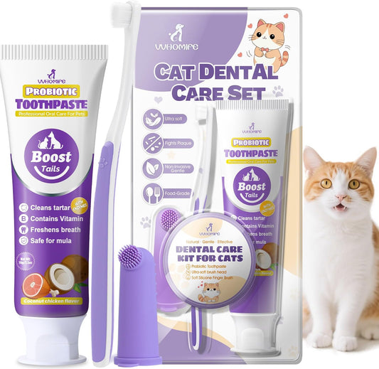 Cat Toothbrush and Toothpaste Kit - Includes Toothpaste (Coconut Chicken 2.5 oz.) Soft Brush, Finger Brush - Provides Safe and Effective Oral Care for Kittens and Adult Cats - Pet Explorer