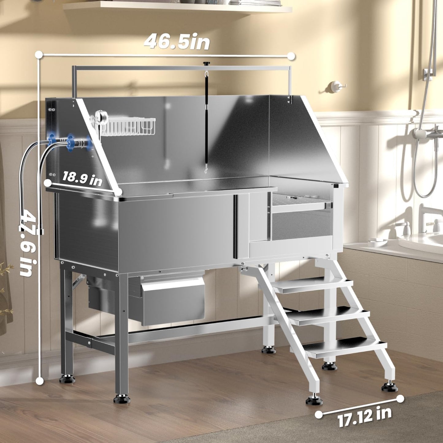 Professional 46" Dog Washing Station, Stainless Steel Dog Bathing Station, Height Adjustable Dog Wash Station, Storage Drawer, Upgrade Parts, Home, Commercial (Right Step) - Pet Explorer