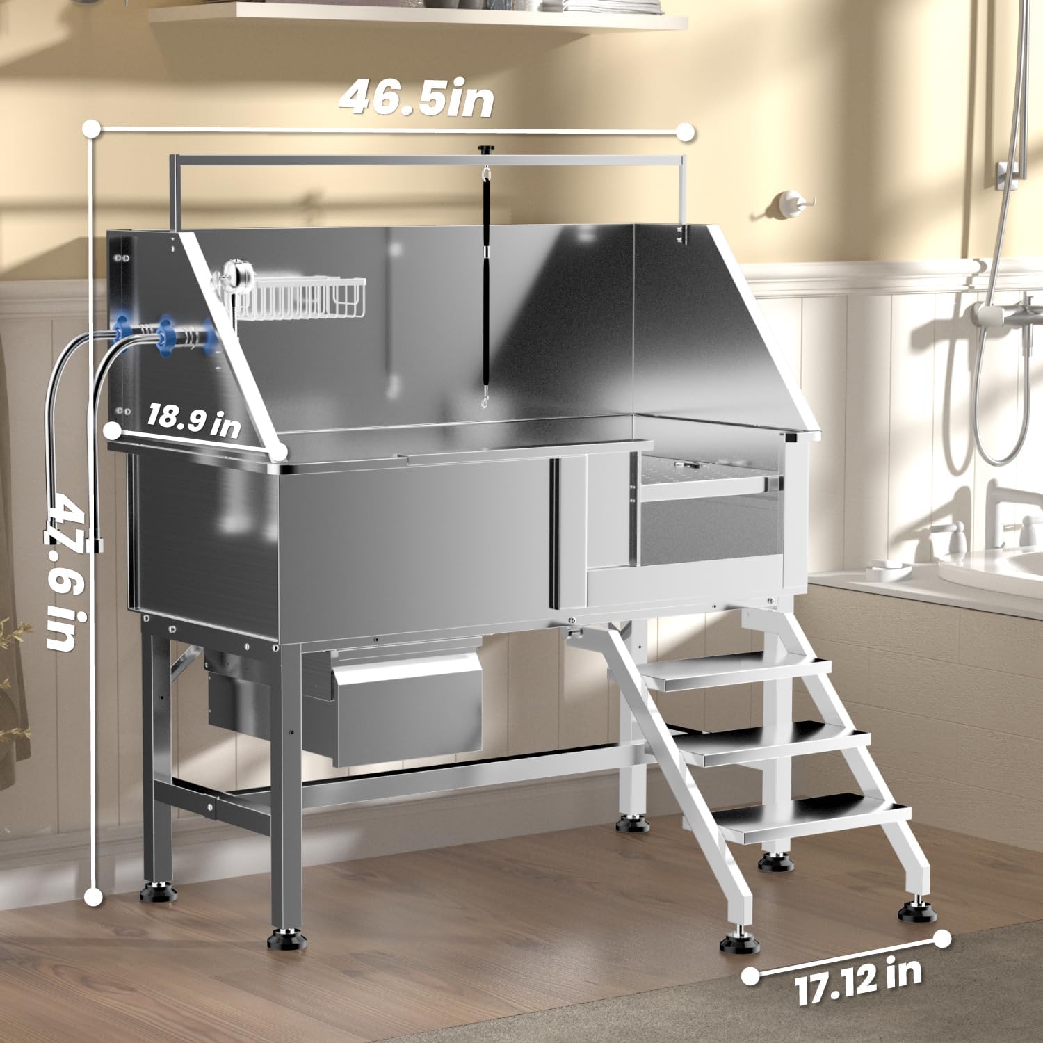 Professional 46" Dog Washing Station, Stainless Steel Dog Bathing Station, Height Adjustable Dog Wash Station, Storage Drawer, Upgrade Parts, Home, Commercial (Right Step) - Pet Explorer