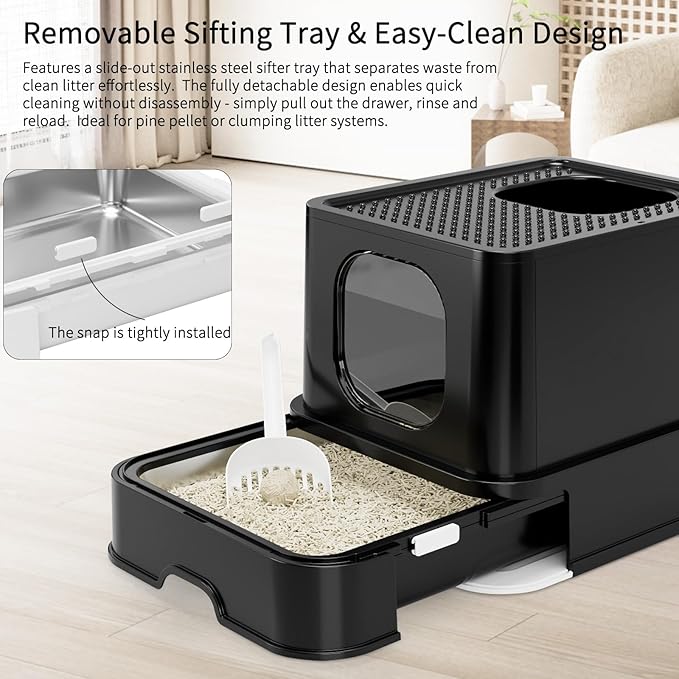 RIZZARI Stainless Steel Litter Box: Spacious Enclosed Design with Easy-Clean Drawer - Dual Entry with Top Exit and Door - Black Leak-Proof & Odor-Free Tray for Cats in Garage Basement