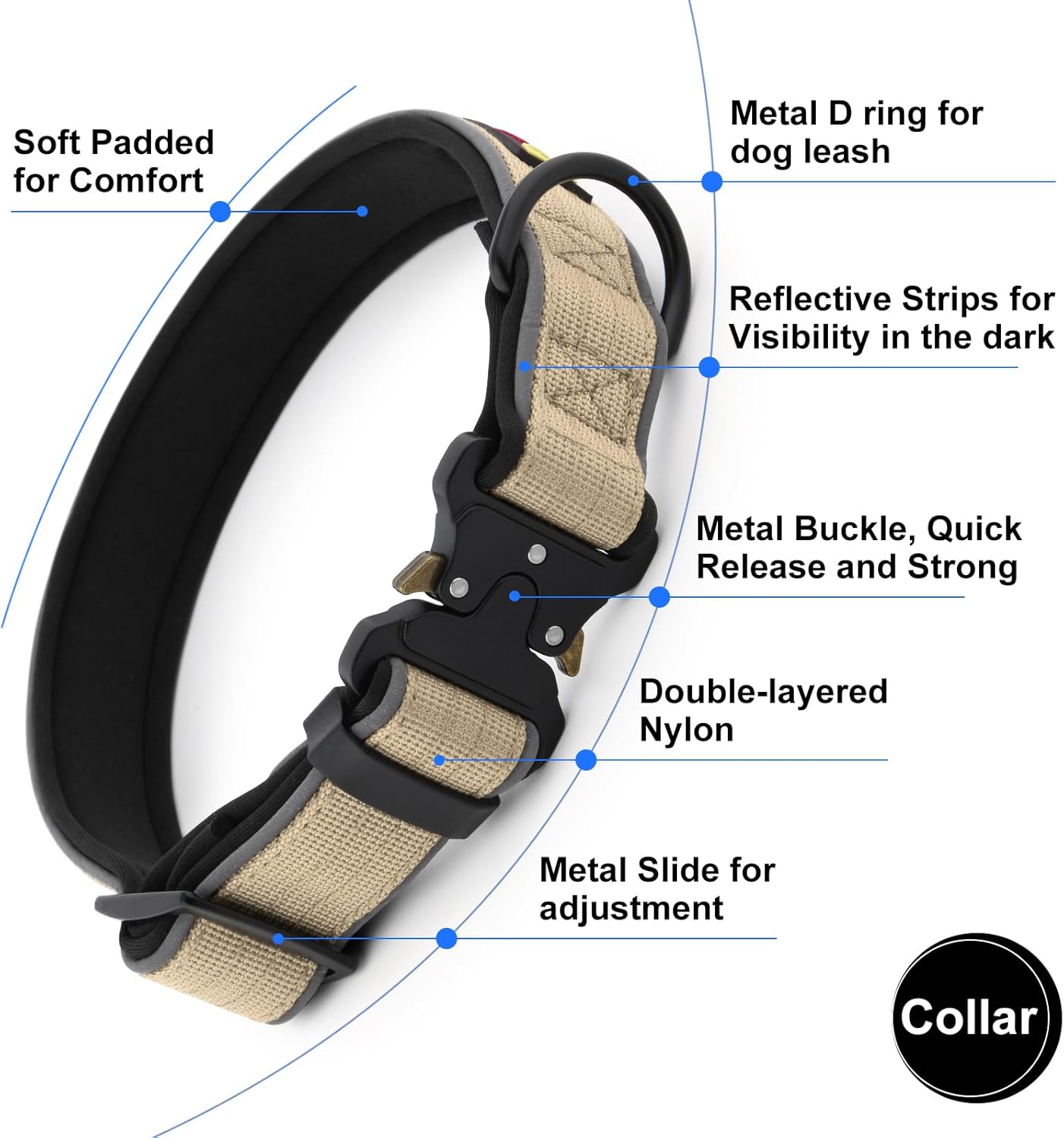 Plutus Pet Tactical Dog Collar, Reflective, Adjustable Heavy Duty Dog Collar, Soft Padded and Comfortable, for Small Medium and Large Dogs (Beige, XL)