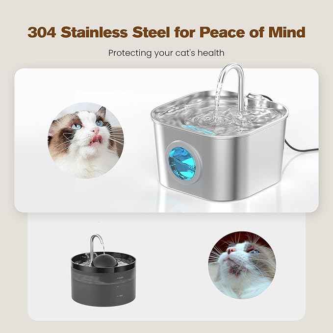 Cat Water Fountain with 8 Filters + 5 Sponges,Small Pet Waterer Dispenser Fountains for Drinking Cats Indoor Metal Automatic Waterer Bowl 24/7 Running Auto Kitty Watering Supplies Quiet Pump