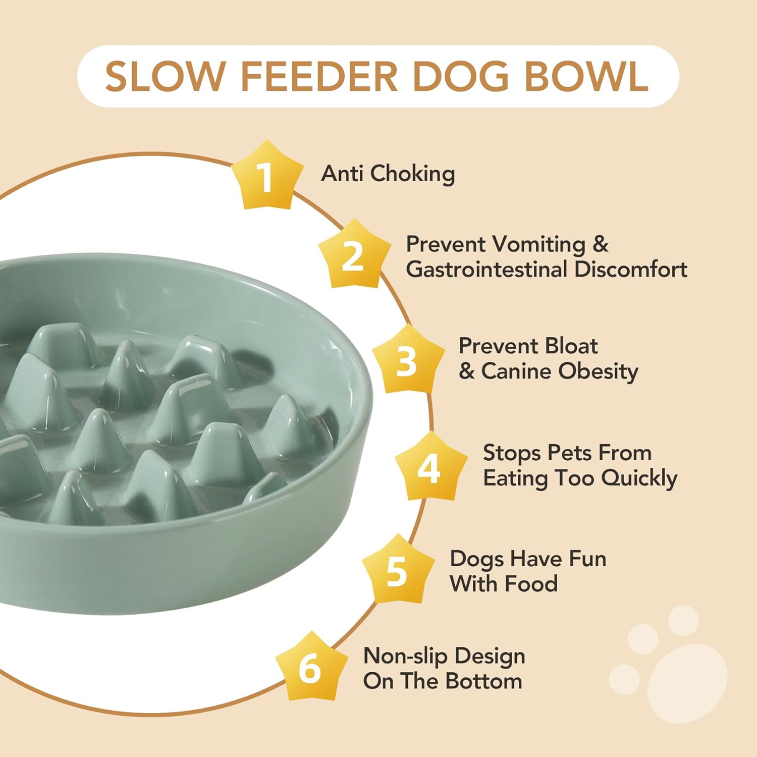 9.5inch Ceramic Dog Raised Slow Feeder Set, Elevated Bowl with Wooden Stand for Large Dog, Slow Feeder Dish for Fast Easters, Stop Bloat(Light Green, Single Bowl+ Stand) - Pet Explorer