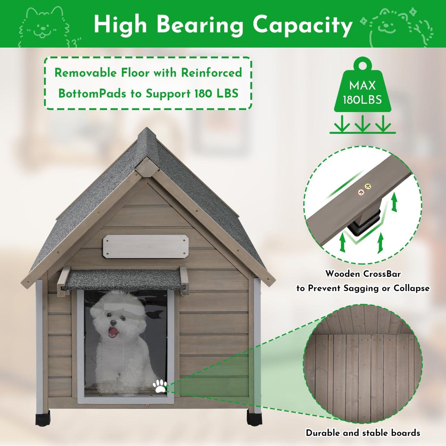 Outdoor Dog House Weatherproof Large Wooden Dog Kennel Indoor for Small Dogs with Chew-Proof Frame, Oxford Fabric Window, Removable Floor Pet Shelter (Grey, 26" D x 31.9" W x 32" H) - Pet Explorer