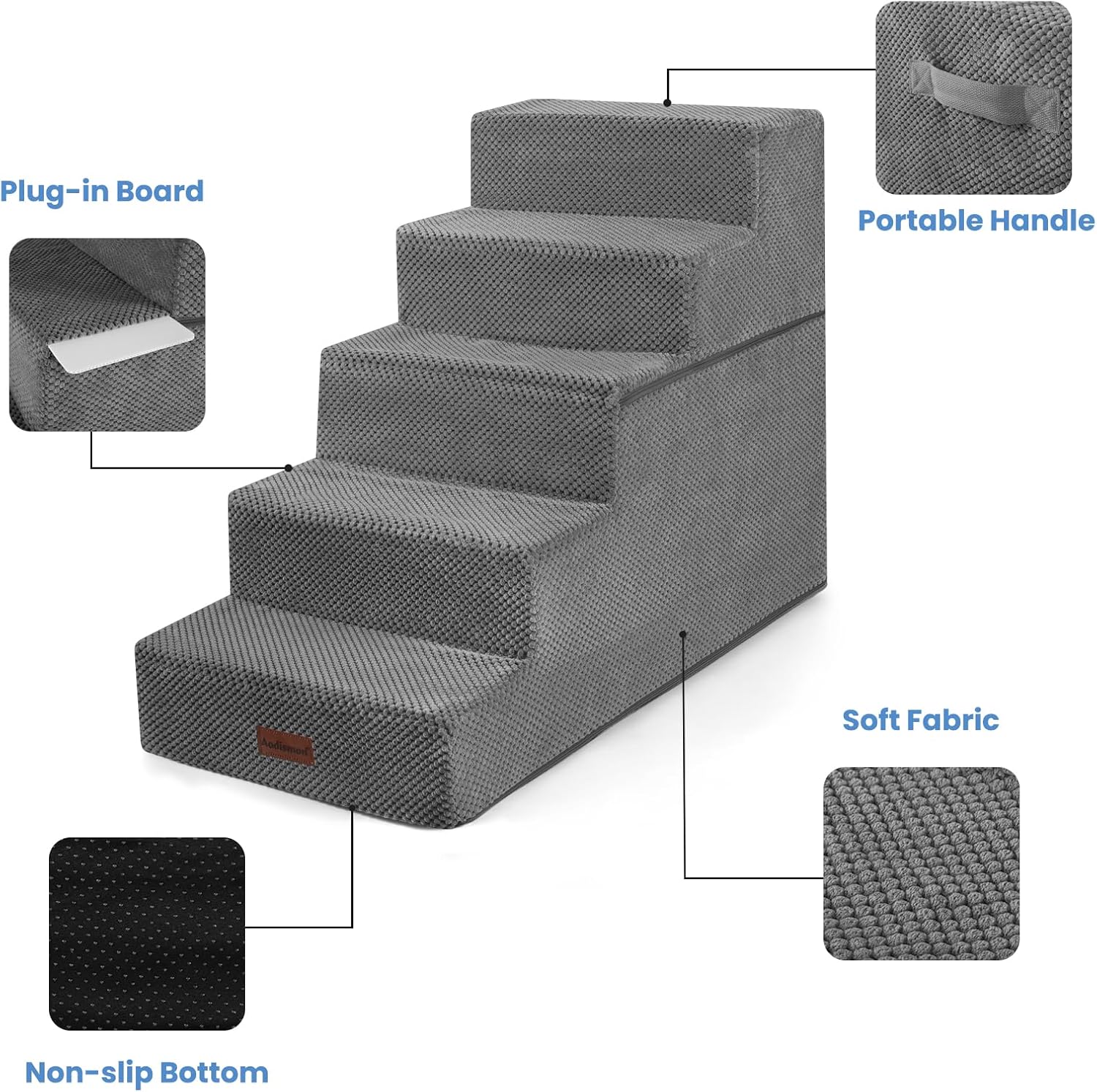 Dog Stairs for High Bed 22.6" H,5-Step Dog Steps for Small Dogs and Cats,Indoor Non-Slip Balanced Pet Stairs are Suitable for Puppy,Older Cat,Grey - Pet Explorer