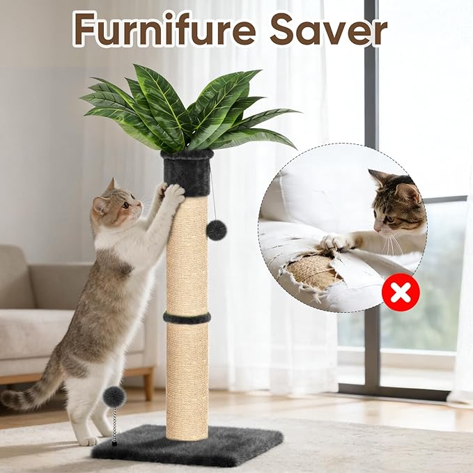 XiaZ Cat Scratching Post 34'' Tall, Heavy Duty Cat Tree Tower for Indoor Kitty with Extra Wide 15.8" Stable Base and 2 Toy Balls, Natural Sisal & Plush Fabric for Small, Medium Cats(Dark Gray, 2.8in)