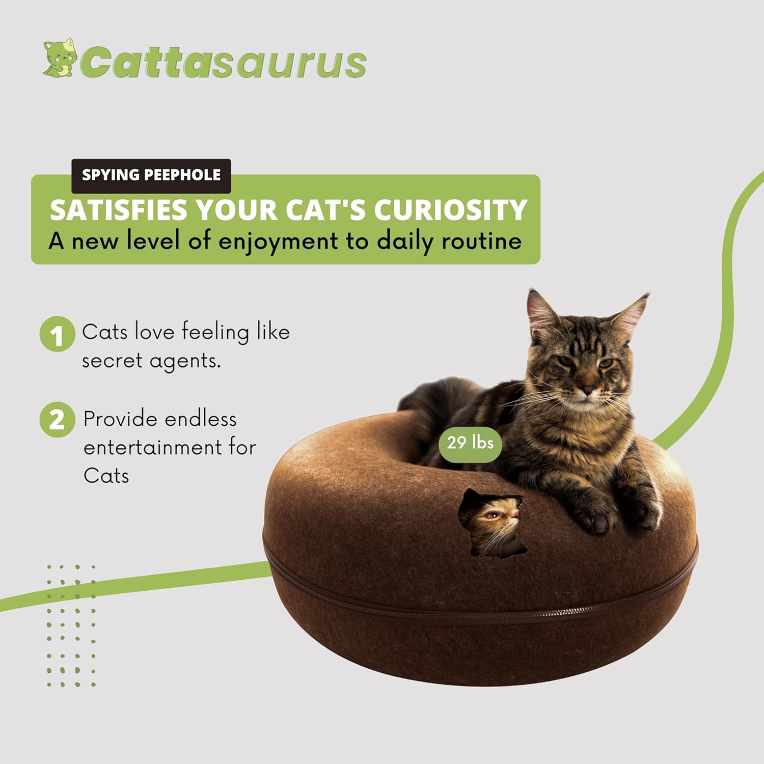 Cattasaurus Peekaboo Cat Cave for Multiple & Large Cats Up to 30-45 Lbs, Scratch Detachable & Washable Tunnel Bed, Comfy Donut Cat Cave (Brown, Jumbo) - Pet Explorer