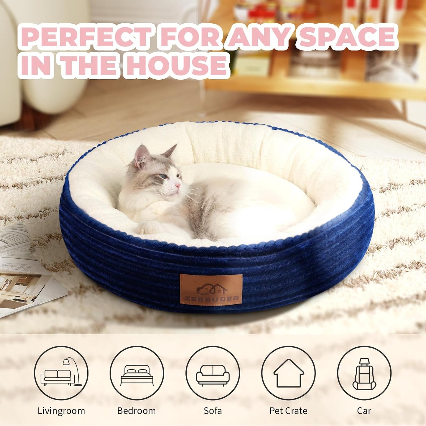 23in Round Cat Dog Bed for Large Medium Small Dogs Cats, Machine Washable Sleeping Sofa, Non-Slip Bottom Breathable Soft Calming Pet Cuddler for Indoor/Outdoor/Car/Cage, Navy Blue - Pet Explorer