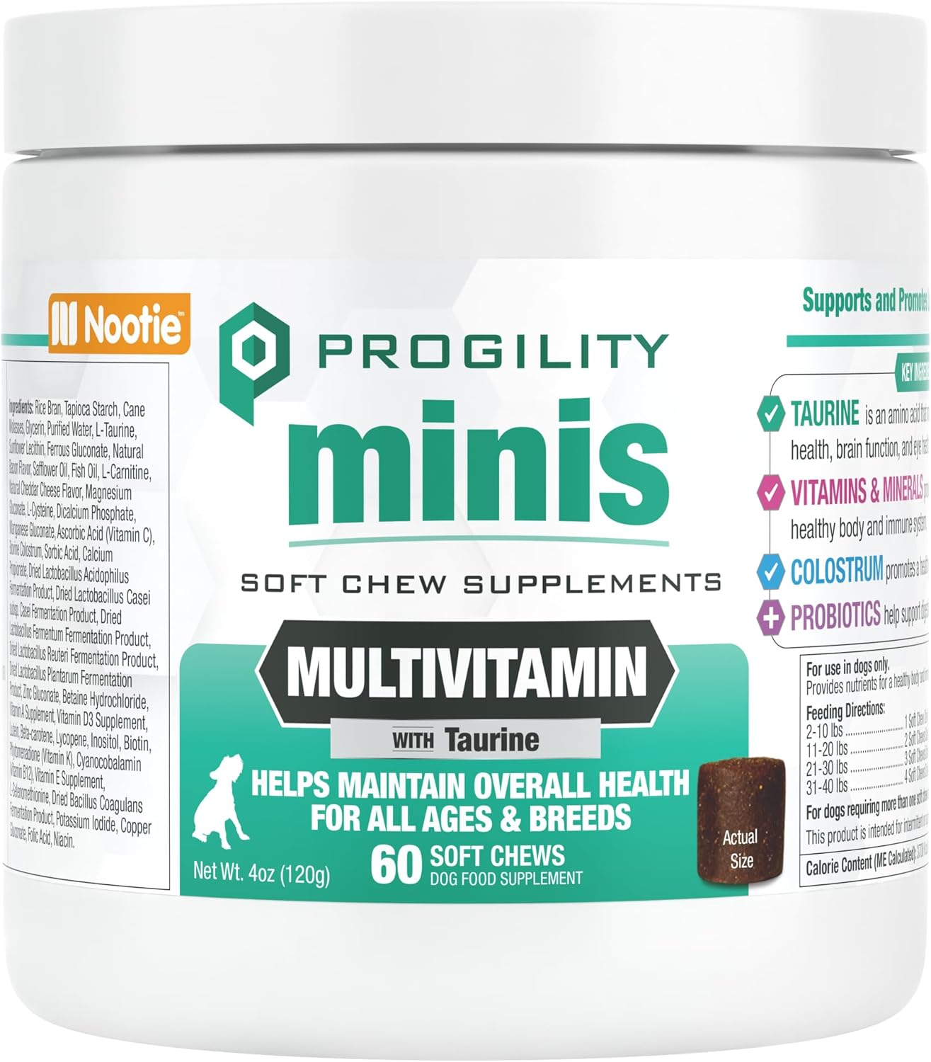 Nootie PROGILITY Daily Mini Multivitamin Chews for Dogs - Supports Immunity, Heart, Eye, Brain, and Bone Health with Taurine- for All Dog Sizes - 60 Soft Chews - Sold in Over 5,000 Pet Stores - Pet Explorer