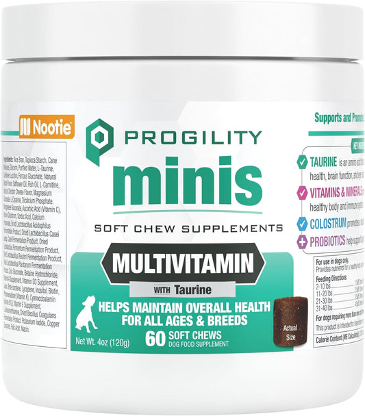 Nootie PROGILITY Daily Mini Multivitamin Chews for Dogs - Supports Immunity, Heart, Eye, Brain, and Bone Health with Taurine- for All Dog Sizes - 60 Soft Chews - Sold in Over 5,000 Pet Stores - Pet Explorer