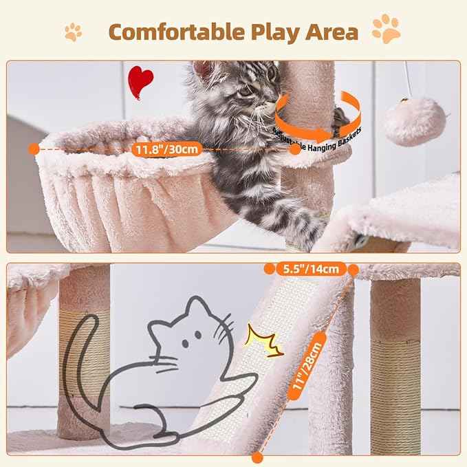 Taoqimiao Cat Tree,38.5-Inch Cat Tower for Indoor Cats,Suitable for Kittens with Luxurious cat condo with Adjustable Baskets and Luxurious Perch MS029SP Jelly Pink