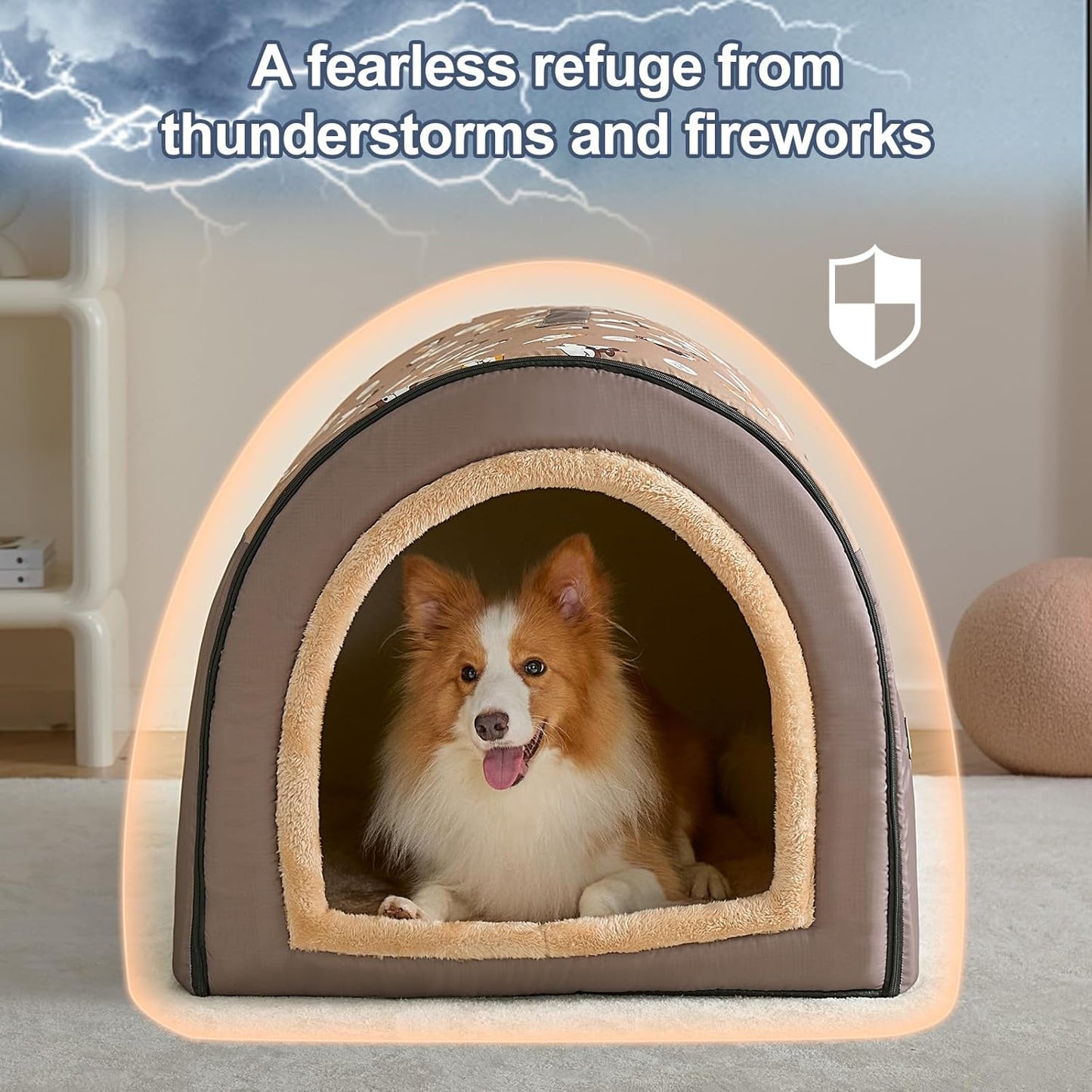 Jiupety 2 in 1 Dog House Indoor, Comfy Cave Bed Covered Dog Bed, Portable House for Medium and Large Dogs, 2XL(35"×27"×26"), Up to 70 Lb, Brown - Pet Explorer