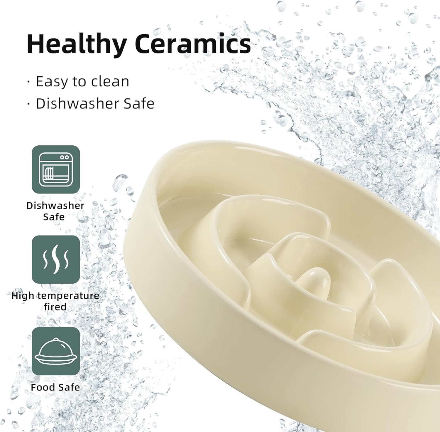 9.5inch Ceramic Raised Slow Feeder Dog Bowl Set, Elevated Bowl with Wooden Stand for Large Dog, Puzzle Slow Pet Food Dish, Anti-Gulping(Beige, Single Bowl+ Stand) - Pet Explorer