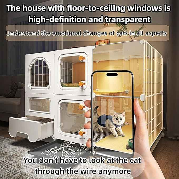 Indoor cat cage with Litter Box, Complimentary Cat Bed, Bow,lcat House with Wheels Outdoor,Large cat Villa Playpen, Small Animal Dog Kennel cat enclosures (42″(L) x18.2″(W) x46.2″(H))