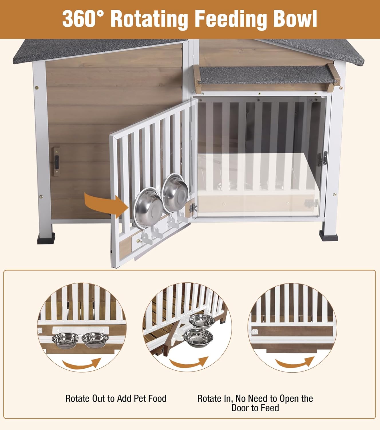 GUTINNEEN Dog House Outdoor with Anti-Chewing Metal Frame, Wooden Dog Kennel with 360° Rotating Feeding Bowl, Weatherproof Roof, for Indoor & Outdoor Use - Brown - Pet Explorer