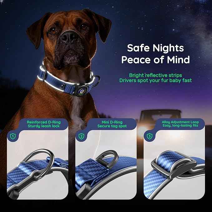 WhoseID Premium Leather Dog Collar - Waterproof AirTag Dog Collar | Magnetic Buckle Heavy Duty Collar | Medium Reflective Dog Collar with AirTag Holder