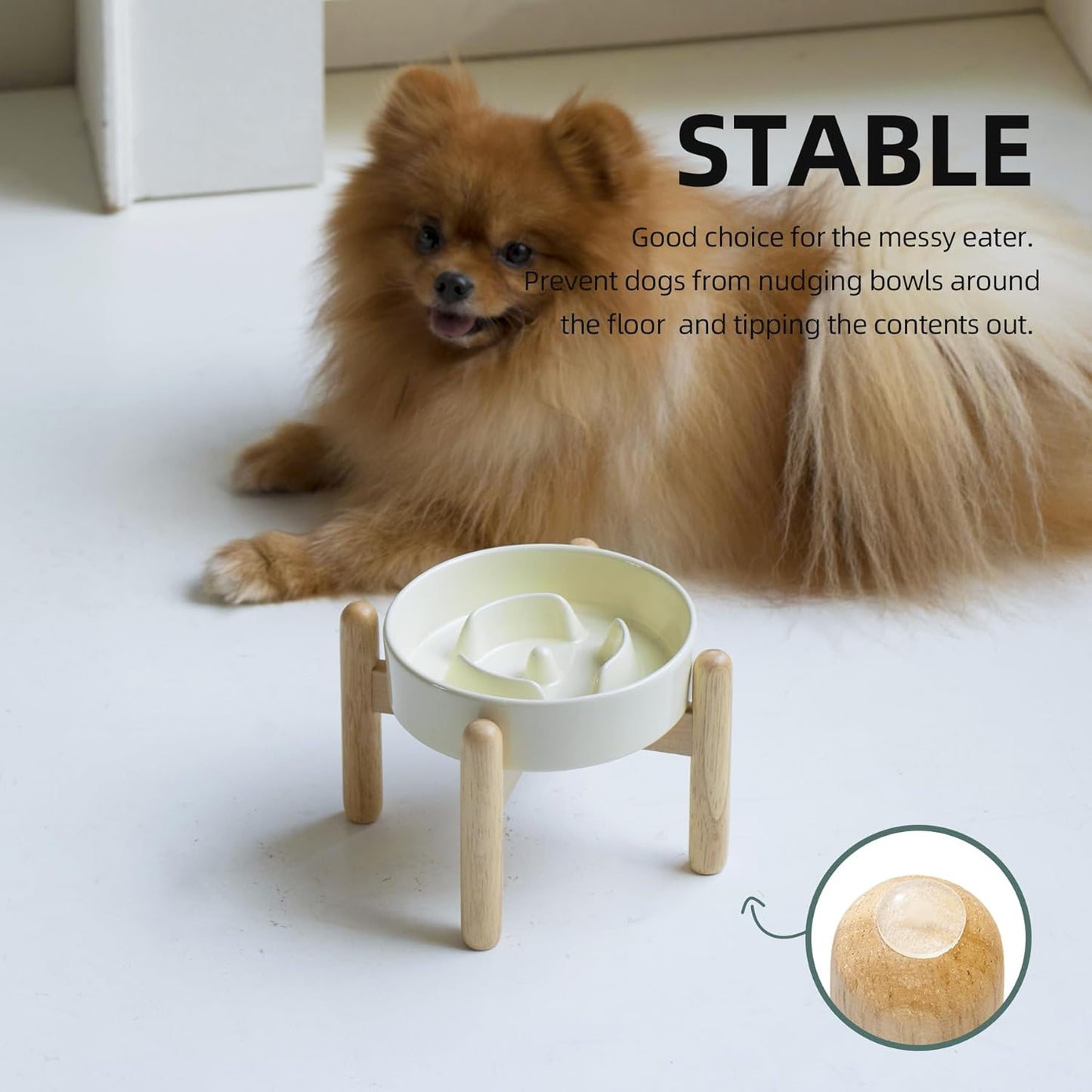 6.1inch Ceramic Raised Dog Slow Feeder Set, Elevated Bowl with Wooden Stand for Small Dog and Cat, Puzzle Slow Dog Food Dish, Anti-Gulping(Beige, Single Bowl+ Stand) - Pet Explorer