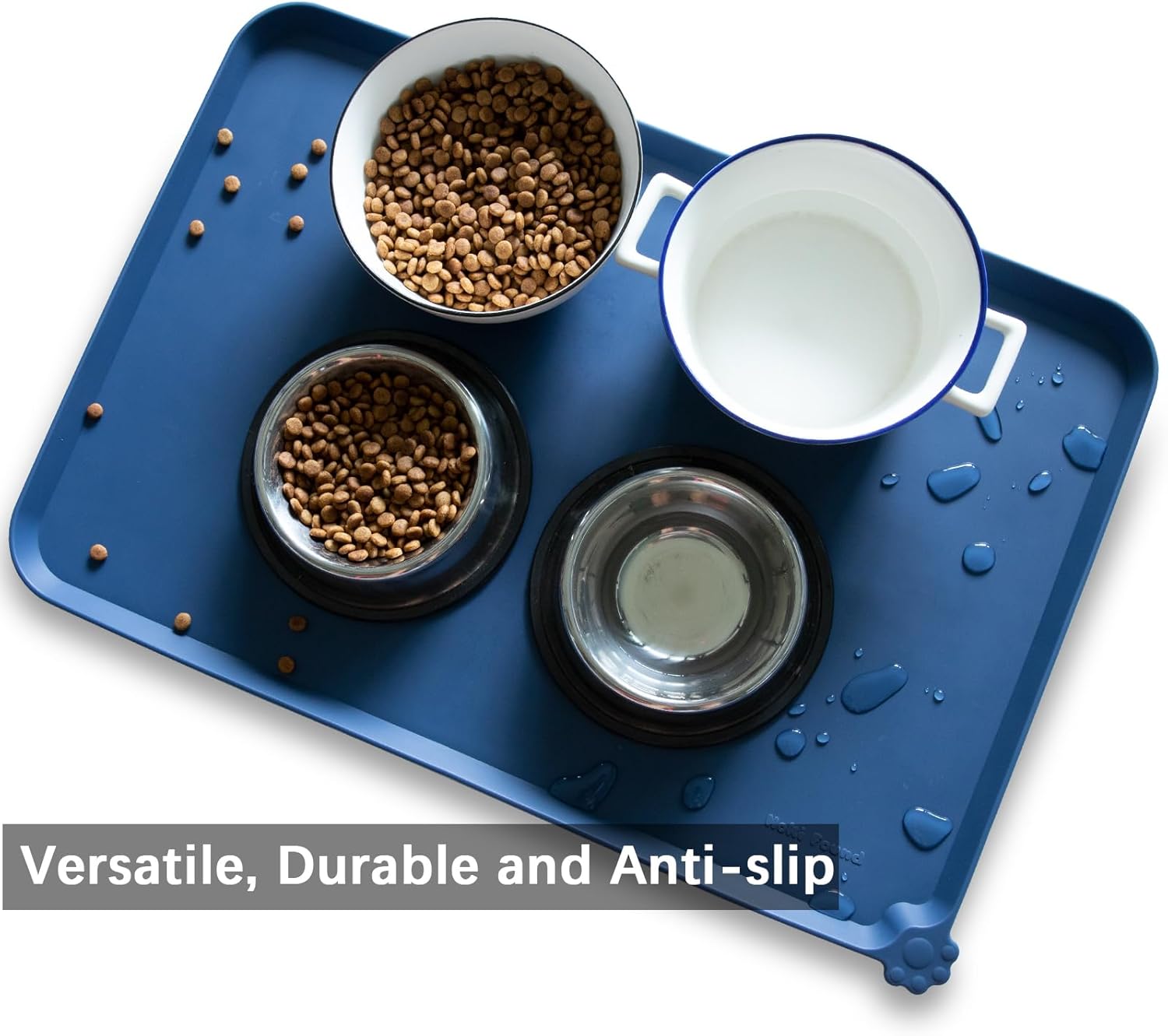 Hoki Found Large Silicone Pet Food Mat - Non Slip Dog, Cat Bowl Mat Tray - Waterproof Feeding Placemat - Indigo Ink - Pet Explorer