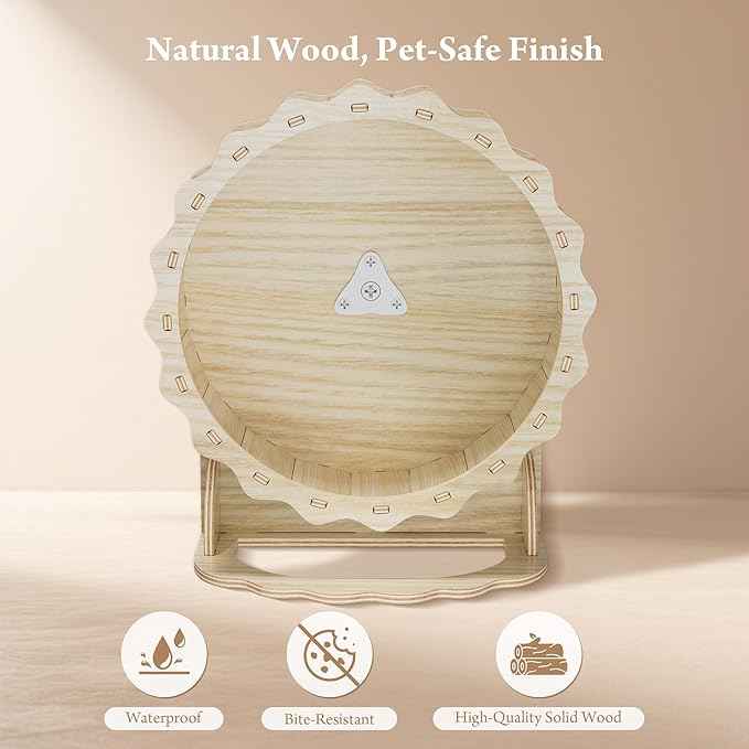 Wooden Hamster Wheel, Silent Running Wheel for Small Pets, 8 Inch Natural Wood Exercise Wheel with Stand, Quiet Spinner for Dwarf Hamsters, Roborovski, Gerbils, Mice and More