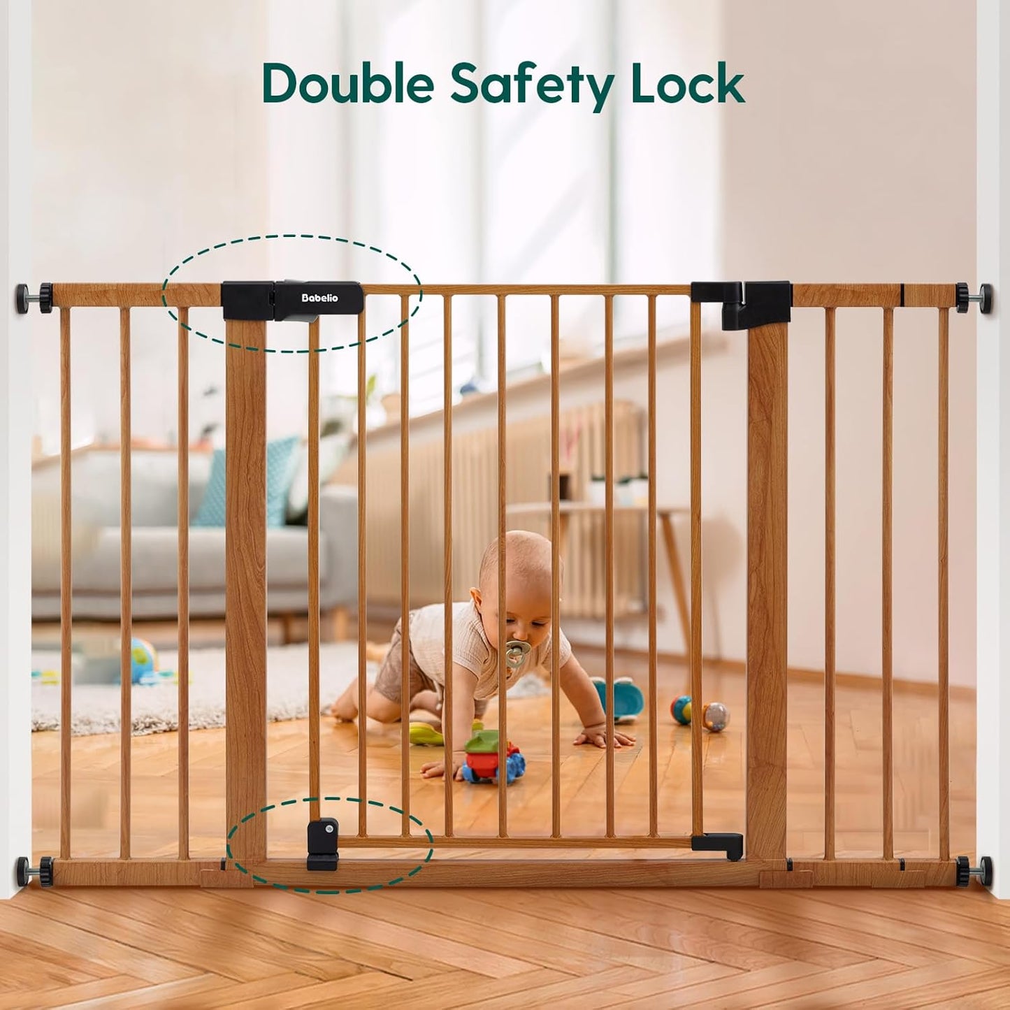 BABELIO 29-48" Metal Baby Gate with Brown Wood Pattern, Auto Close Dog Gate for The House, Stairs and Doorways, Pressure Mounted Pet Gate with Door, Safety Gate for Child and Pets