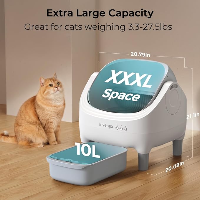 Automatic Cat Litter Box Self Cleaning, App Control, Open-Top Automatic Litter Box with Safety Sensors, Ultra-Quiet, 10L Waste Bin with Odor Control, 2 Rolls of Garbage Bags, LightGrey