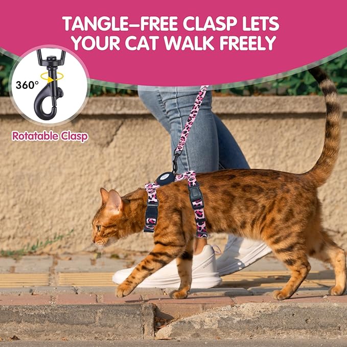 BINGPET Cat Harness with Airtag Holder, Cat Harness and Leash Set Escape Proof for Walking Travel Outdoor, Soft Adjustable Kitten Harnesses for Small Medium Large Cats, Pink Leopard(Chest:12.5"-18")
